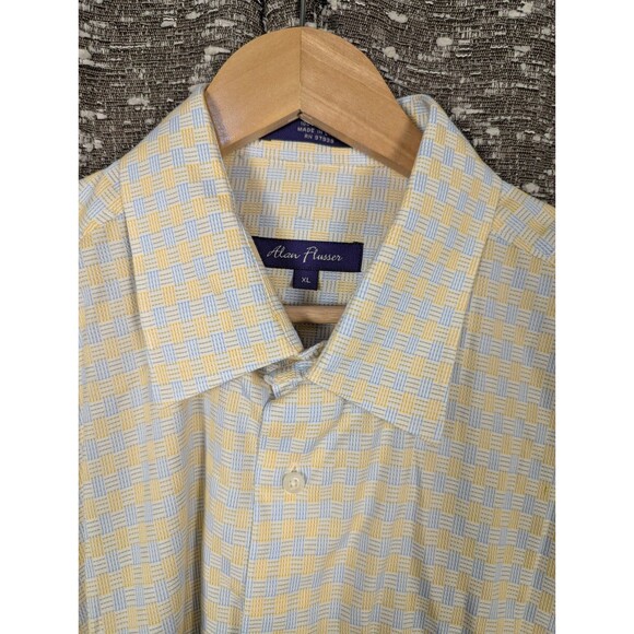 Alan Flusser Dress Shirt Mens XL Yellow/Blue Checkered Long Sleeve Button Up - Picture 8 of 13